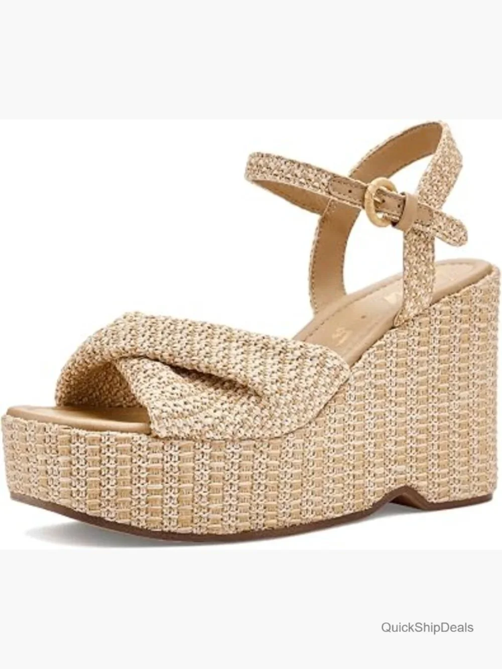 Raffia Wedge Sandals with Buckle Closure - Open Toe Heels